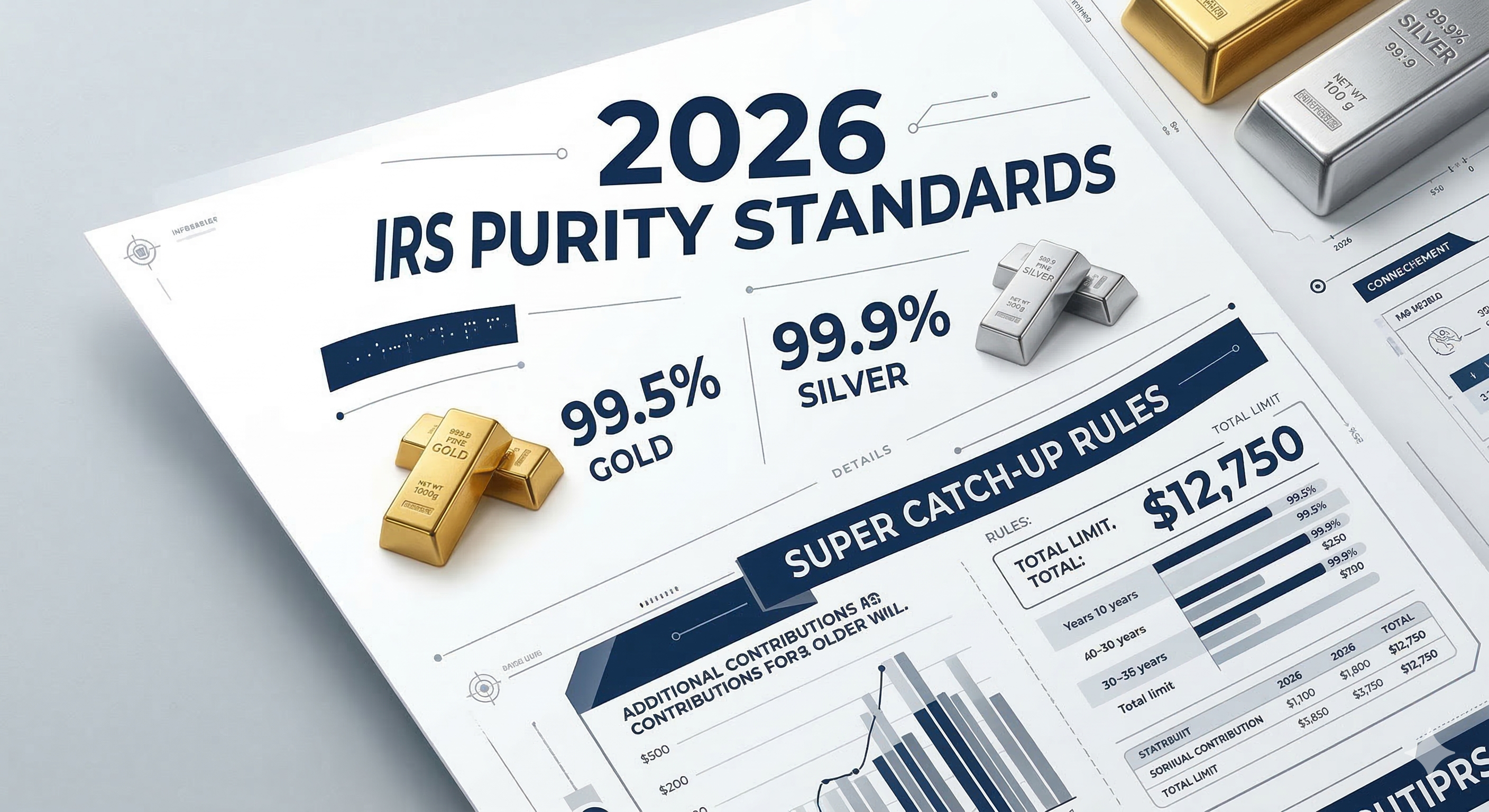 2026 IRS Purity Standards infographic showing 99.5% minimum for gold and 99.9% for silver, with Super Catch-up contribution limits of $12,750 for eligible investors aged 60–63