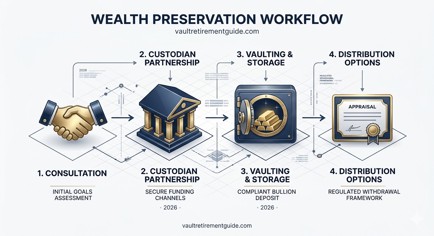 2026 Wealth Preservation Workflow diagram showing four stages: 1. Consultation and initial goals assessment, 2. Custodian Partnership with secure funding channels, 3. Vaulting and Storage with compliant bullion deposit, 4. Distribution Options with regulated withdrawal framework